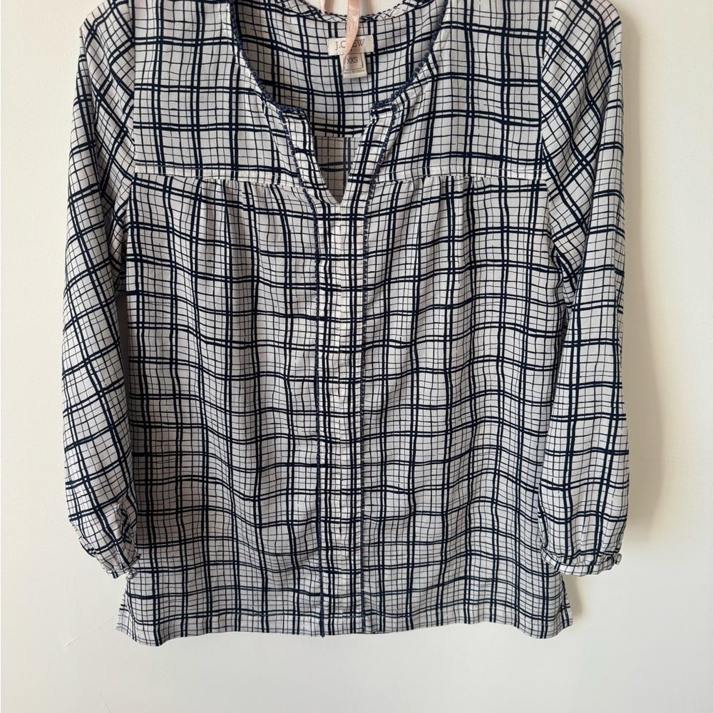J. Crew Navy and White Plaid Split-Neck Tunic